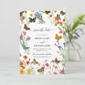 Aquarellfarbene Wildblumen Butterfliegen Blumenzeh Save The Date (Stehend Vorderseite)