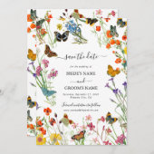 Aquarellfarbene Wildblumen Butterfliegen Blumenzeh Save The Date (Vorne/Hinten)