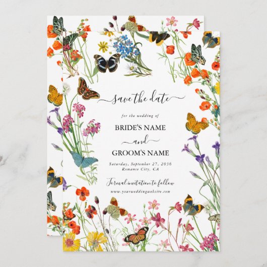 Aquarellfarbene Wildblumen Butterfliegen Blumenzeh Save The Date (Vorne/Hinten)
