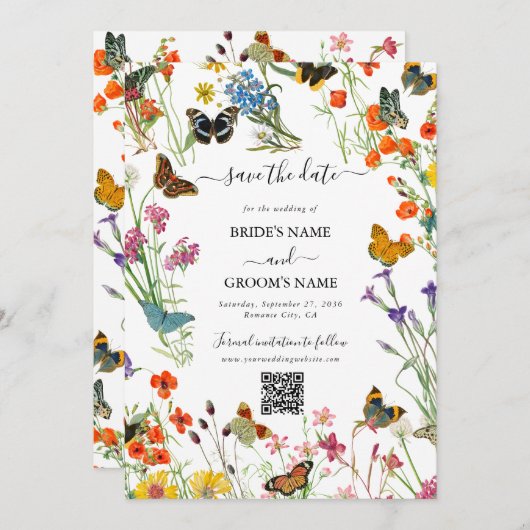 Aquarellfarbene Wildblumen Butterfliegen Blumenzeh Save The Date (Vorne/Hinten)