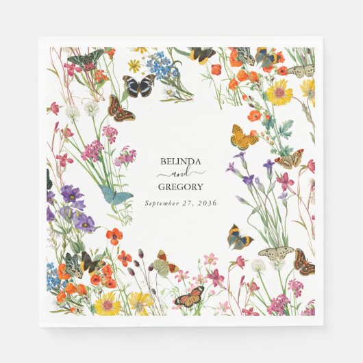 Aquarellfarbene Wildblumen Butterfliegen Blumenzeh Serviette (Vorderseite)