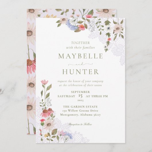 Aquarellfarbene Wildblumen, Foliage & Hochzeit Einladung (Vorne/Hinten)