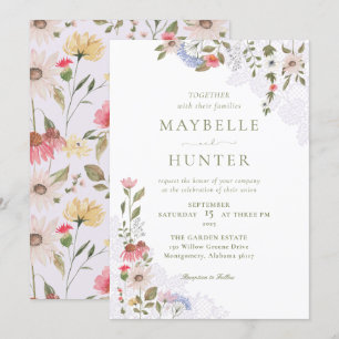 Aquarellfarbene Wildblumen, Foliage & Hochzeit Einladung
