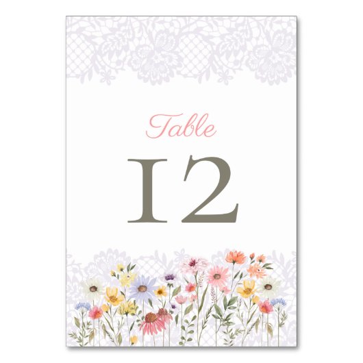 Aquarellfarbene Wildblumen, Foliage & Hochzeit Tischnummer (Rückseite)