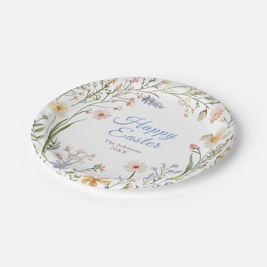 Aquarellfarbene Wildblumen glücklich Ostern Pappteller (Schrägansicht)