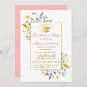 Aquarellfarbene Wildblumen Goldene rosa Graduierun Einladung