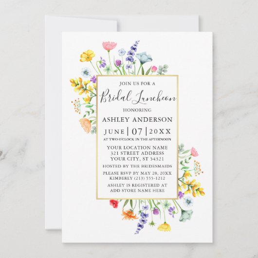 Aquarellfarbene Wildblumen Goldrahmen Bridal Lunch Einladung (Vorderseite)