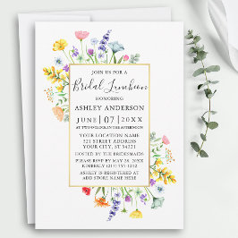 Aquarellfarbene Wildblumen Goldrahmen Bridal Lunch Einladung
