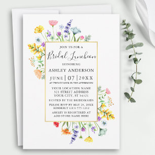 Aquarellfarbene Wildblumen Goldrahmen Bridal Lunch Einladung