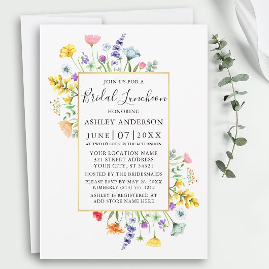 Aquarellfarbene Wildblumen Goldrahmen Bridal Lunch Einladung