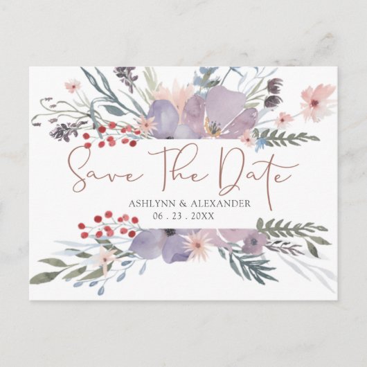 Aquarellfarbene Wildblumen Kupfer SAVE THE DATE Postkarte (Vorderseite)