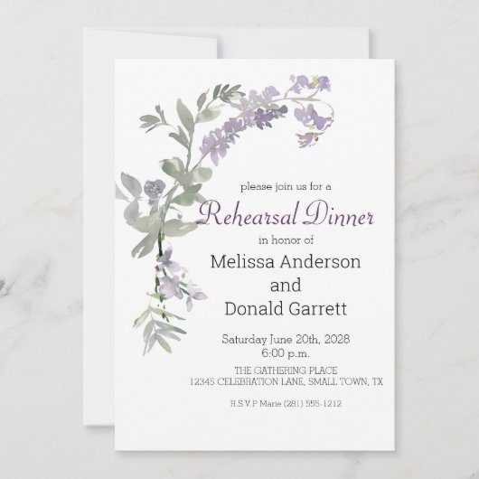 Aquarellfarbene Wildblumen Lavendel Probe Abendess Einladung (Vorderseite)