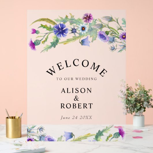 Aquarellfarbene Wildblumen mattierter Hochzeitsemp Acrylschild (Hochzeit)