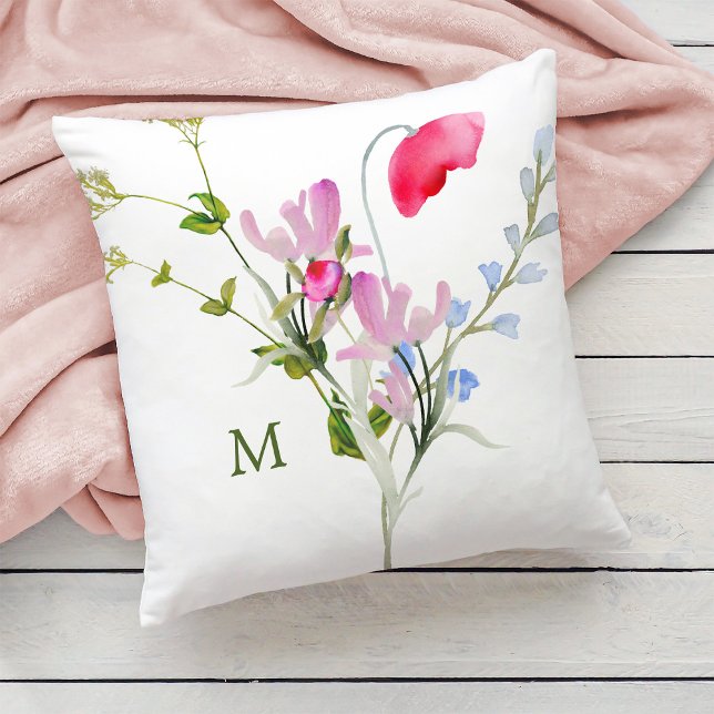 Aquarellfarbene Wildblumen mit Monogramm Kissen (Von Creator hochgeladen)
