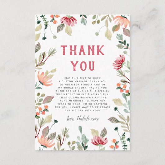 Aquarellfarbene Wildblumen Niedliches Brautparty Dankeskarte (Vorderseite)