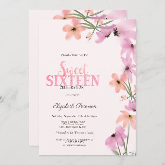 Aquarellfarbene Wildblumen Rosa Boho Blume Süß 16 Einladung (Vorne/Hinten)