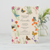 Aquarellfarbene Wildblumen Schmetterlinge Brautpar Einladung (Stehend Vorderseite)