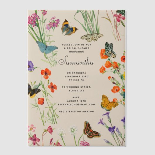 Aquarellfarbene Wildblumen Schmetterlinge Brautpar Pergament Einladungen (Vorderseite)