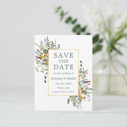 Aquarellfarbene Wildblumen setzen Save the Date gr Postkarte (Stehend Vorderseite)
