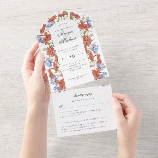 Aquarellfarbene Wildblumen uAwg Hochzeit All In One Einladung (Abreißen)