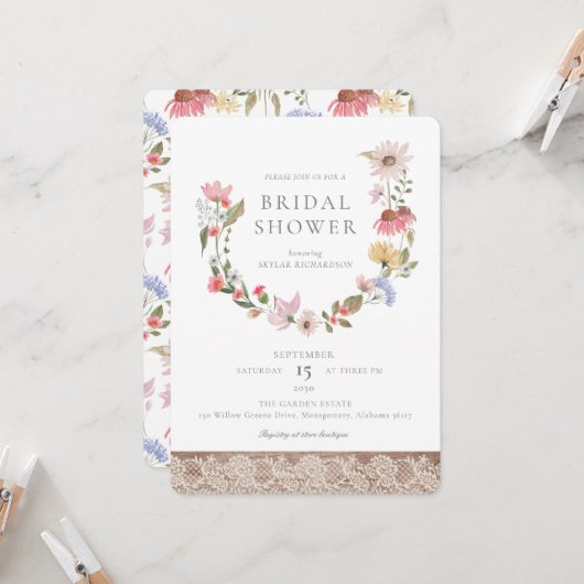 Aquarellfarbene Wildblumen und Brautparty Einladung (Vorderseite/Rückseite Beispiel)