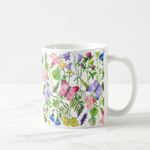 Aquarellfarbene Wildblumen und Schmetterlinge Kaffeetasse