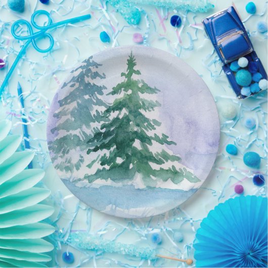 Aquarellfarbene Winterkiefern Pappteller (Party)