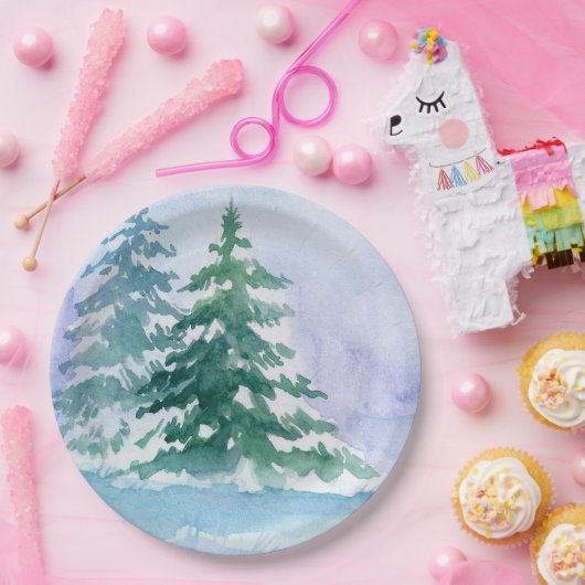 Aquarellfarbene Winterkiefern Pappteller (Party)