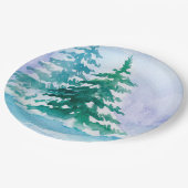 Aquarellfarbene Winterkiefern Pappteller (Schrägansicht)