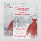 Aquarellfarbene Winterszene Rotes Kleid Quinceañer Einladung (Vorne/Hinten)