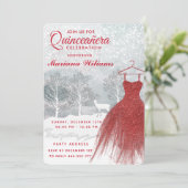 Aquarellfarbene Winterszene Rotes Kleid Quinceañer Einladung (Stehend Vorderseite)