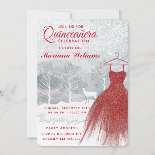 Aquarellfarbene Winterszene Rotes Kleid Quinceañer Einladung (Vorderseite)
