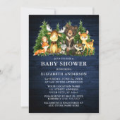 Aquarellfarbene Woodlandtiere Blauer Holzdusche Einladung (Vorderseite)