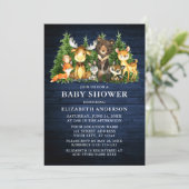 Aquarellfarbene Woodlandtiere Blauer Holzdusche Einladung (Stehend Vorderseite)