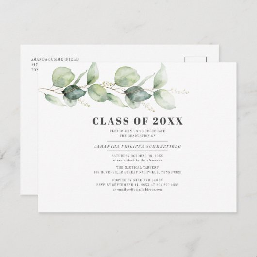 Aquarellfarbener Abschluss 2025 Eukalyptus-Party Einladungspostkarte (Vorne/Hinten)