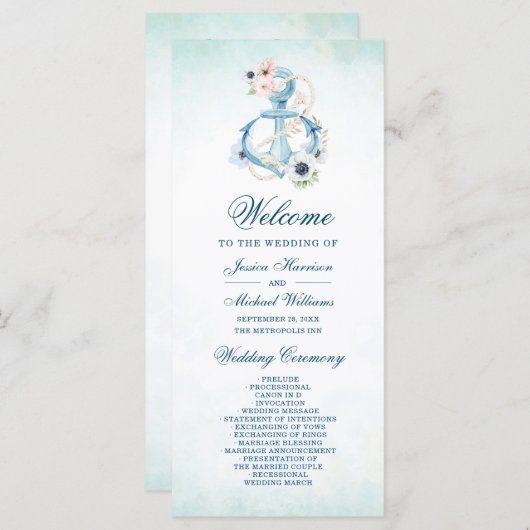 Aquarellfarbener Anker Aquamariner Strand Hochzeit Programm (Vorne/Hinten)