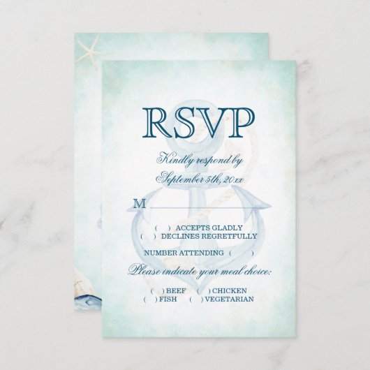 Aquarellfarbener Ankerstrand Hochzeitsmahl Auswahl RSVP Karte (Vorne/Hinten)