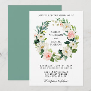 Aquarellfarbener Blumenreath Pink White Wedding GR Einladung