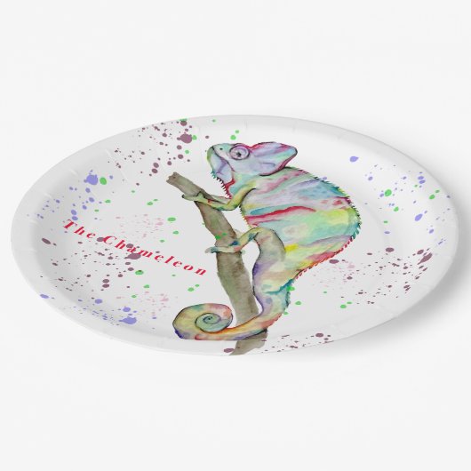 Aquarellfarbener Chamäleon Pappteller (Schrägansicht)