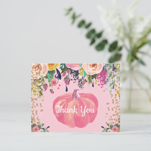 Aquarellfarbener Fall Pumpkin Pink Gold Glitzer Dankeskarte (Stehend Vorderseite)