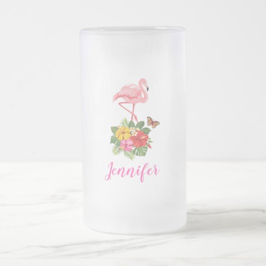 Aquarellfarbener Flamingo mit Hibiskus-Blume Mattglas Bierglas (Mittel)