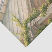 Aquarellfarbener Garten mit weißem Haus Rosa-Bäume Seidenpapier (Detail)