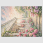 Aquarellfarbener Garten mit weißem Haus Rosa-Bäume Seidenpapier (Vorderseite)