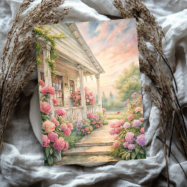 Aquarellfarbener Garten mit weißem Haus Rosa-Bäume Seidenpapier