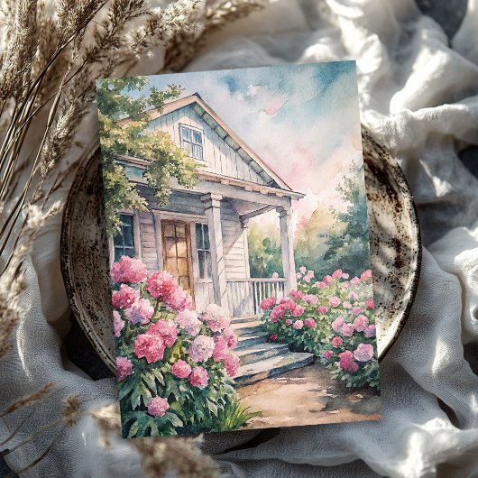 Aquarellfarbener Garten mit weißem Haus Rosa-Bäume Seidenpapier