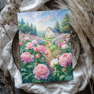 Aquarellfarbener Garten mit weißem Haus Rosa-Bäume Seidenpapier