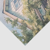 Aquarellfarbener Garten mit weißem Haus Rosa-Bäume Seidenpapier (Detail)