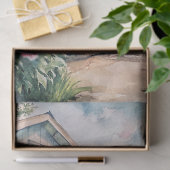 Aquarellfarbener Garten mit weißem Haus Rosa-Bäume Seidenpapier (Geschenk)