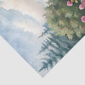 Aquarellfarbener Garten mit weißem Haus Rosa-Bäume Seidenpapier (Detail)