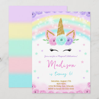 Aquarellfarbener Glitzer Einhorn Geburtstag Einlad Einladung